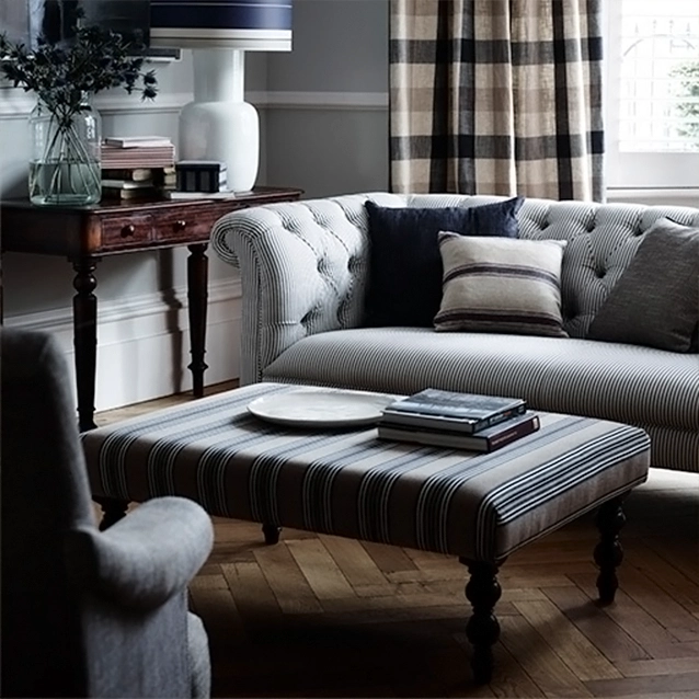 Porthallow Footstool in Ian Mankin Britannia & Camden 3 Seater Sofa in Ticking Dark Navy